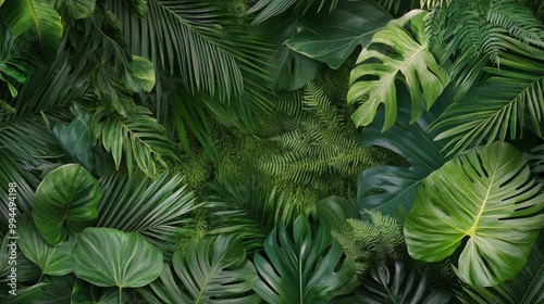 Lush green tropical leaves creating a vibrant natural backdrop in a warm envi...