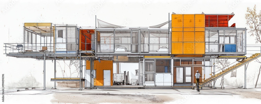 Technical drawing for a modular disaster relief housing system, designed for quick deployment, scalability, and resilience in various climates Technical drawing for a modular disaster relief housing system, designed for quick deployment, scalability, and resilience in various climates