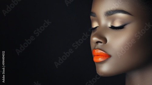 A woman poses with her eyes closed, emphasizing her flawless skin and bold or...