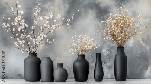 Elegant display of black vases with dried flowers on a neutral backdrop in a ...
