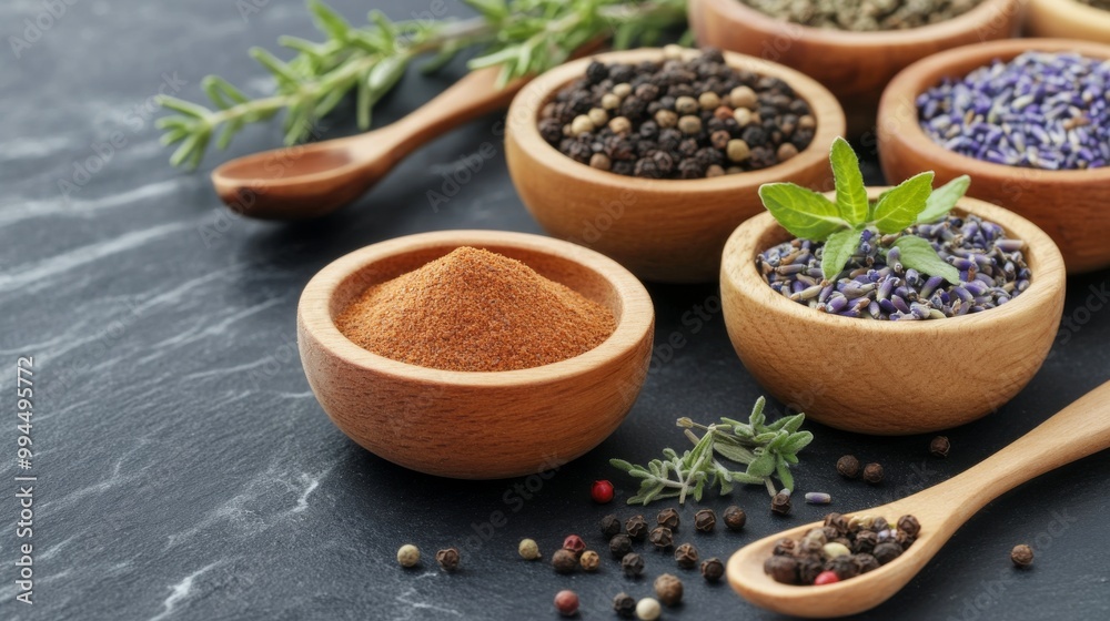 Assorted natural spices and herbs arranged in wooden bowls on a dark stone surface Assorted natural spices and herbs arranged in wooden bowls on a dark stone surface