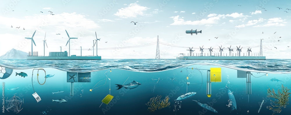 Technical drawing for a tidal energy harnessing facility, illustrating ...