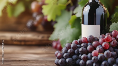 Grapes and wine bottle resting on a rustic wooden surface surrounded by green...