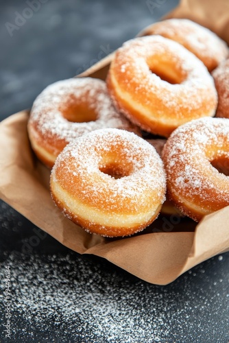 Freshly baked sugary donuts in a rustic brown bag on a dark surface