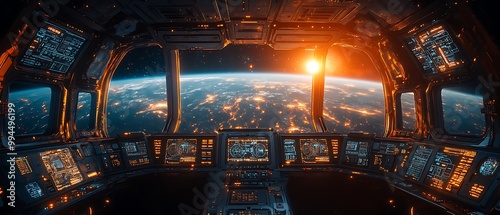 Fototapeta Naklejka Na Ścianę i Meble -  Futuristic Spaceship Cockpit View of Earth at Night