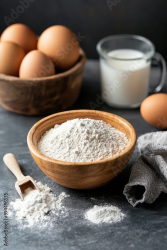Essentials for baking: eggs, flour, milk, and kitchen tools arranged for culi...