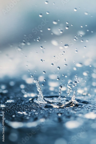 Close-up view of water droplets splashing in a serene blue setting on a calm ...