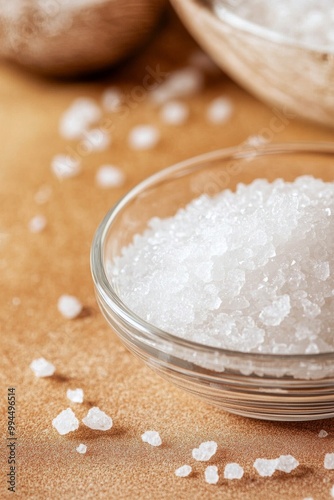 Freshly harvested sea salt in a glass bowl with rustic background and scatter...