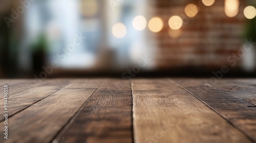 Wooden tabletop in a rustic setting with blurred background and warm lighting...
