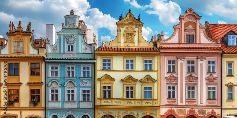 Fototapeta premium Stunning colorful facades of historic buildings captured in a vibrant cityscape. This picturesque architecture showcases charming details and enhances urban beauty. Ideal for travel and tourism. AI