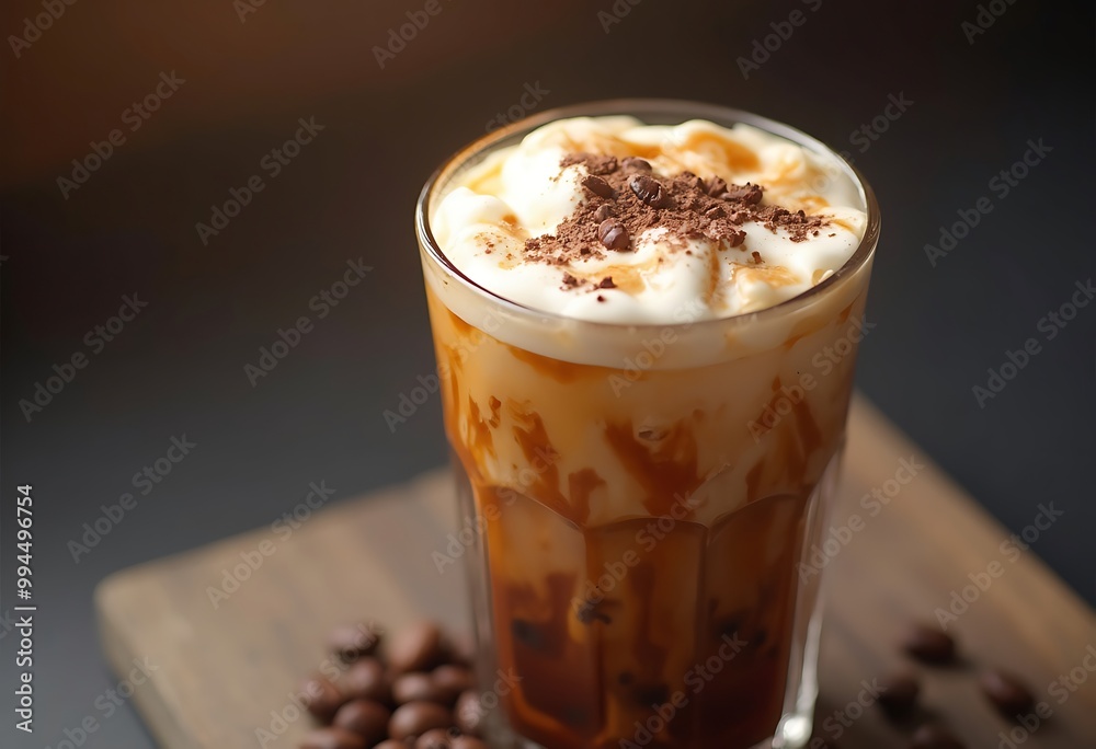 A chilled glass of iced coffee topped with swirls of cream and chocolate shavings A chilled glass of iced coffee topped with swirls of cream and chocolate shavings