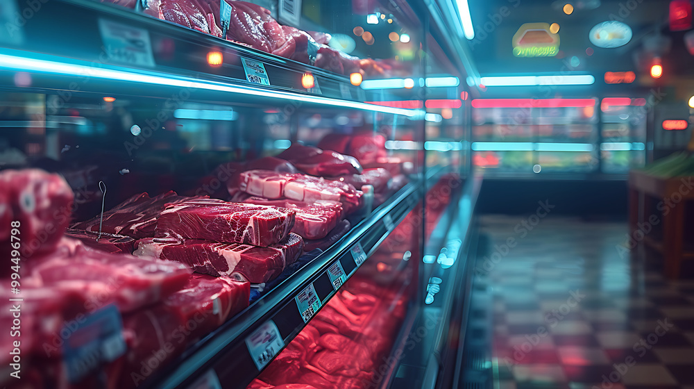 Meat aisle with various cuts displayed in a refrigerated grocery section. close-up of a meat fridge in a grocery store filled with various cuts of fresh meat various cuts of beef, pork and other meats Meat aisle with various cuts displayed in a refrigerated grocery section. close-up of a meat fridge in a grocery store filled with various cuts of fresh meat various cuts of beef, pork and other meats