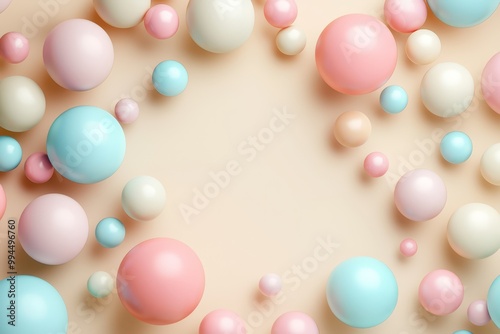 An artistic arrangement of pastel-colored spheres and balls scattered on a soft beige background, creating a soothing and playful visual display