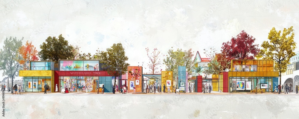 Obraz premium Technical drawing of an art and culture district, integrating galleries, studios, and performance venues with public transportation access