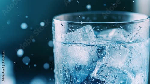 Refreshing glass of iced water with ice cubes on a table surrounded by soft b...
