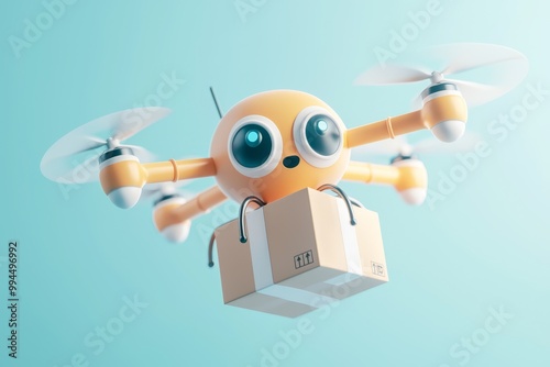 Flying drones carrying cute boxes in a cartoon style against a light blue background, created with 3D rendering tools for a playful digital art showcase
