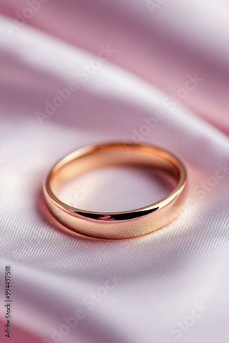 Elegant gold wedding ring resting on soft pink satin fabric in a romantic set...