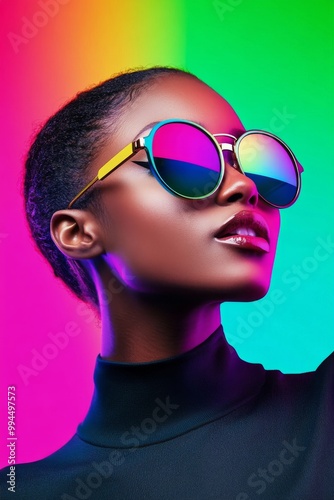 A woman with stylish sunglasses poses against a vibrant, colorful background ...