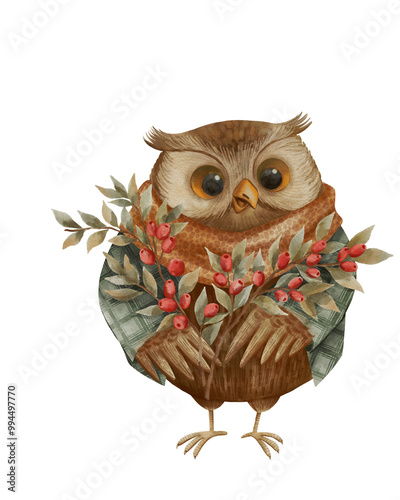 A cute little owl on a white background, watercolor illustration. Perfect for nursery decor, children's books, greeting cards, and wall art, adding a sweet and whimsical touch to any creative project. photo