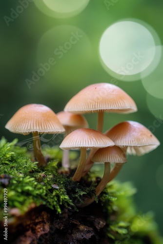 Delicate mushrooms growing on moss in a lush green forest during early mornin...