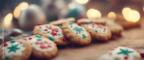 Image of cute cookies and other Christmas ornaments lined up