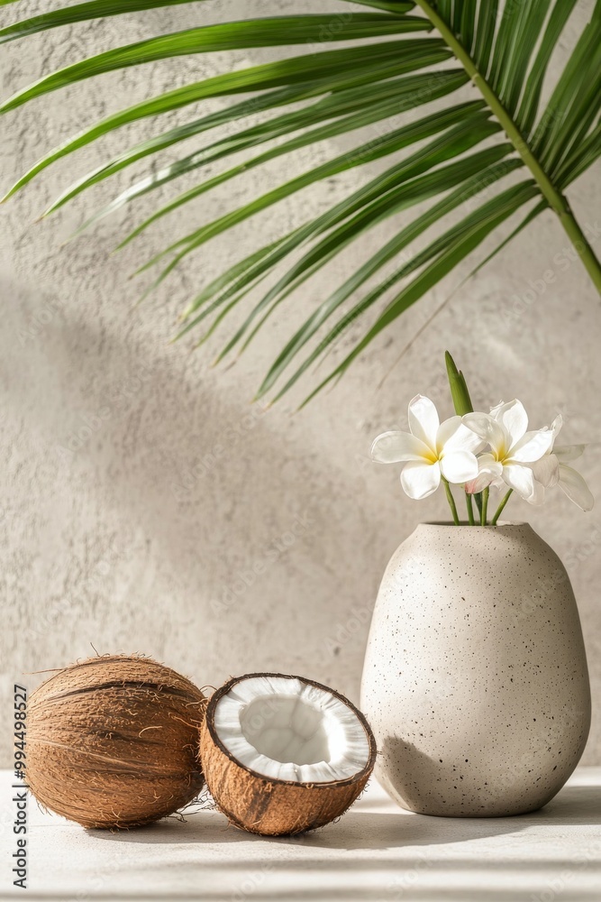 Coconut half and vase of plumeria flowers on a textured background with green shadows Coconut half and vase of plumeria flowers on a textured background with green shadows