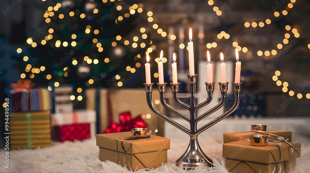 A menorah with lit candles sits amongst presents and a decorated Christmas tree. A menorah with lit candles sits amongst presents and a decorated Christmas tree.