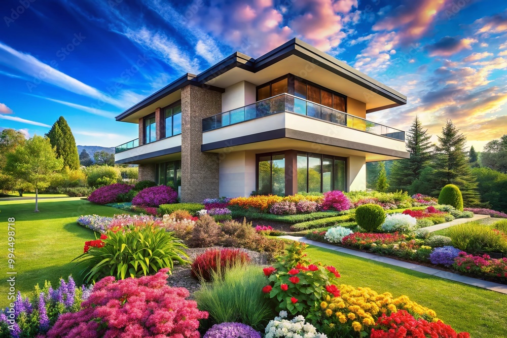 Stunning Modern House Surrounded by Lush Greenery and Vibrant Flowers Under a Clear Blue Sky Stunning Modern House Surrounded by Lush Greenery and Vibrant Flowers Under a Clear Blue Sky