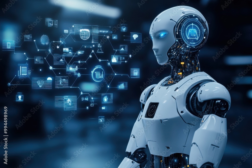 Advanced robot standing in front of an AI network interface showcasing futuristic technology and artificial intelligence integration Advanced robot standing in front of an AI network interface showcasing futuristic technology and artificial intelligence integration