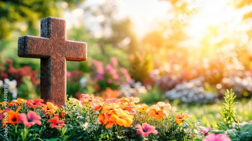 Wooden cross standing in soil with sun shining in background