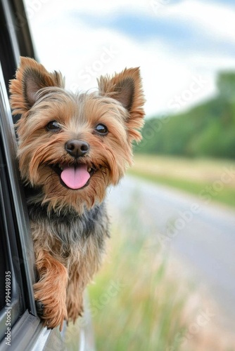 A joyful Yorkshire Terrier enjoys a car ride with its head out the window on ...