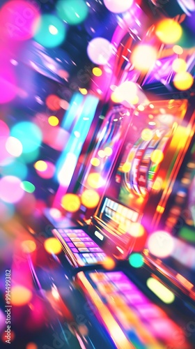 A blurred background of casino slot machines with colorful lights and neon signs, representing the excitement of gaming in a casino environment