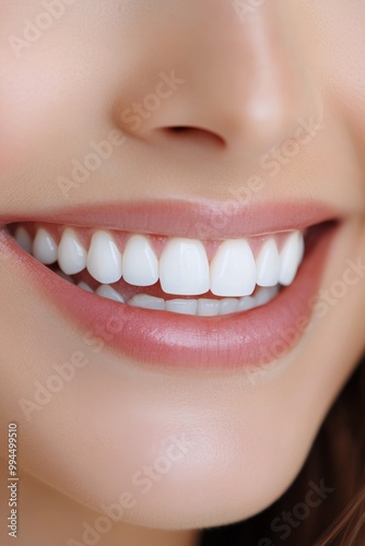 A close-up of a smiling person showing perfect white teeth and healthy gums i...