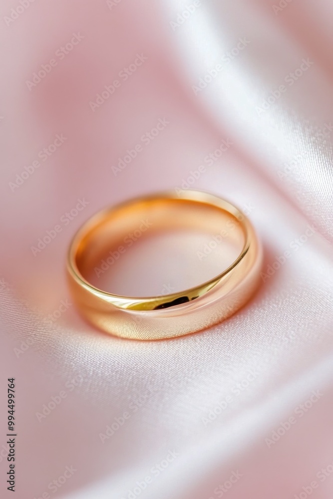 Elegant gold wedding ring resting on soft pink satin fabric in a romantic setting Elegant gold wedding ring resting on soft pink satin fabric in a romantic setting