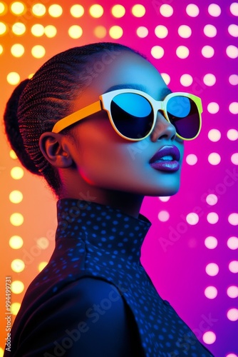 A woman with stylish sunglasses poses against a vibrant, colorful background ...