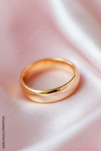Elegant gold wedding ring resting on soft pink satin fabric in a romantic set...