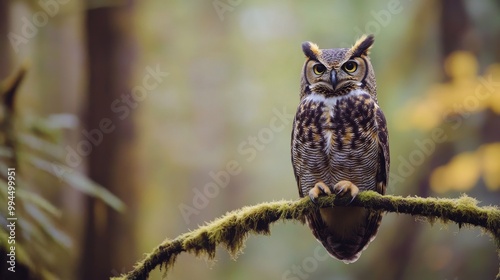 Majestic owl perched on mossy log in a tranquil forest during golden hour lig...