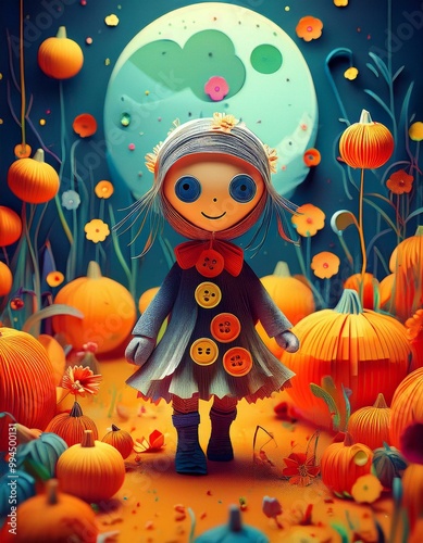 A little doll made from rags with buttons for eyes standing beside a shack in a forest at night with a full moon.