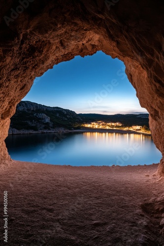 A tranquil view of a serene lake framed by a cave at dusk in a picturesque na...