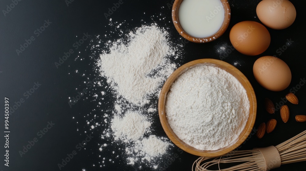 Preparing for baking with flour, eggs, and almonds on a dark wooden surface Preparing for baking with flour, eggs, and almonds on a dark wooden surface