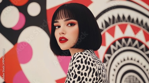 Stylish model with bold makeup poses confidently against vibrant geometric ba...