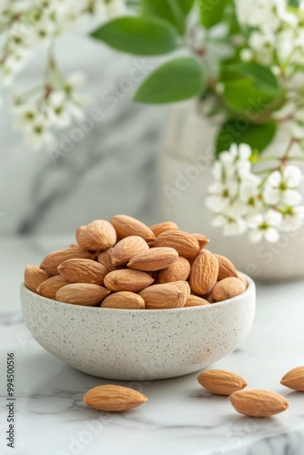 Freshly harvested almonds in a speckled bowl on a bright surface with natural...