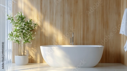 Elegant bathtub with plants against a wooden wall in a serene bathroom setting