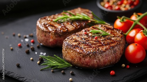 Grilled steaks served with fresh tomatoes and herbs on a dark stone plate in ...