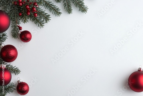 Festive red ornaments and pine branches for a joyful holiday celebration back...