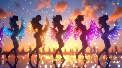 Dancers Silhouettes Against a Vibrant Sunset Background