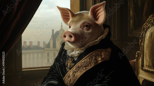 Portrait of an anthropomorphic pig in a luxurious burgher outfit in a richly decorated interior with heavy curtains and windows and an abstract European cityscape.