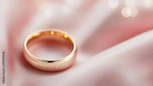 Elegant gold wedding band resting on soft pink satin fabric in a well-lit set...