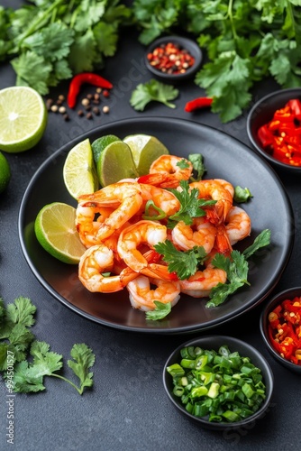 Deliciously grilled shrimp garnished with fresh herbs on a white plate agains...