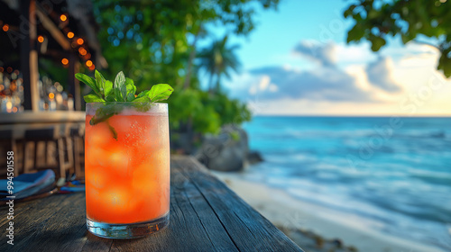 A refreshing cocktail garnished with herbs in an outdoor wooden table overlooking stunning white beach and blue ocean